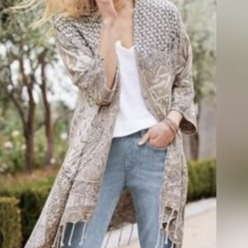 Soft Surroundings Lightweight Boho Printed Duster Kimono - Taupe & Cream L/XL